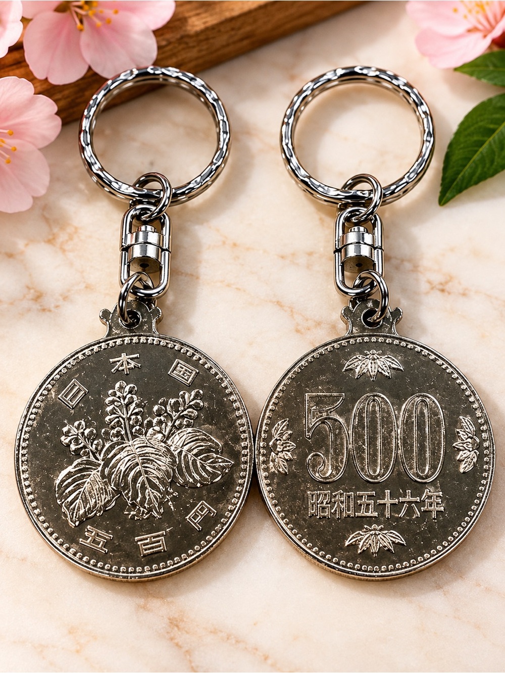 Set of 2 Japanese 500 Yen Coin Bag Charms Keychains Silver Tone